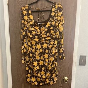 Brown and Yellow Bodycon Dress with Bishop Sleeves